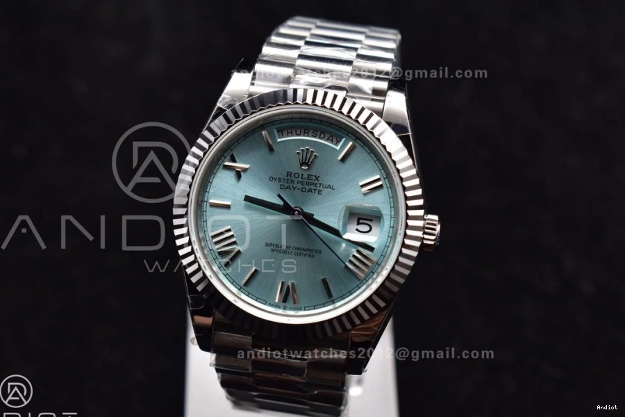 40 V2 Roman GMF SS Bracelet Steel Iced DayDate President On Dial Markers Blue A3255 904L 0309